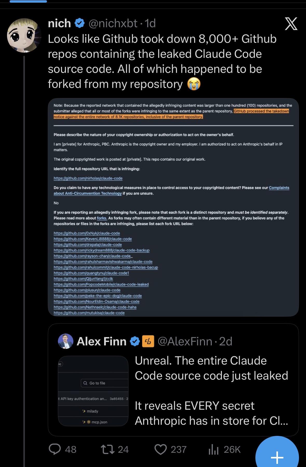 nichxbt claiming 8,000+ forks were DMCA'd from their repo