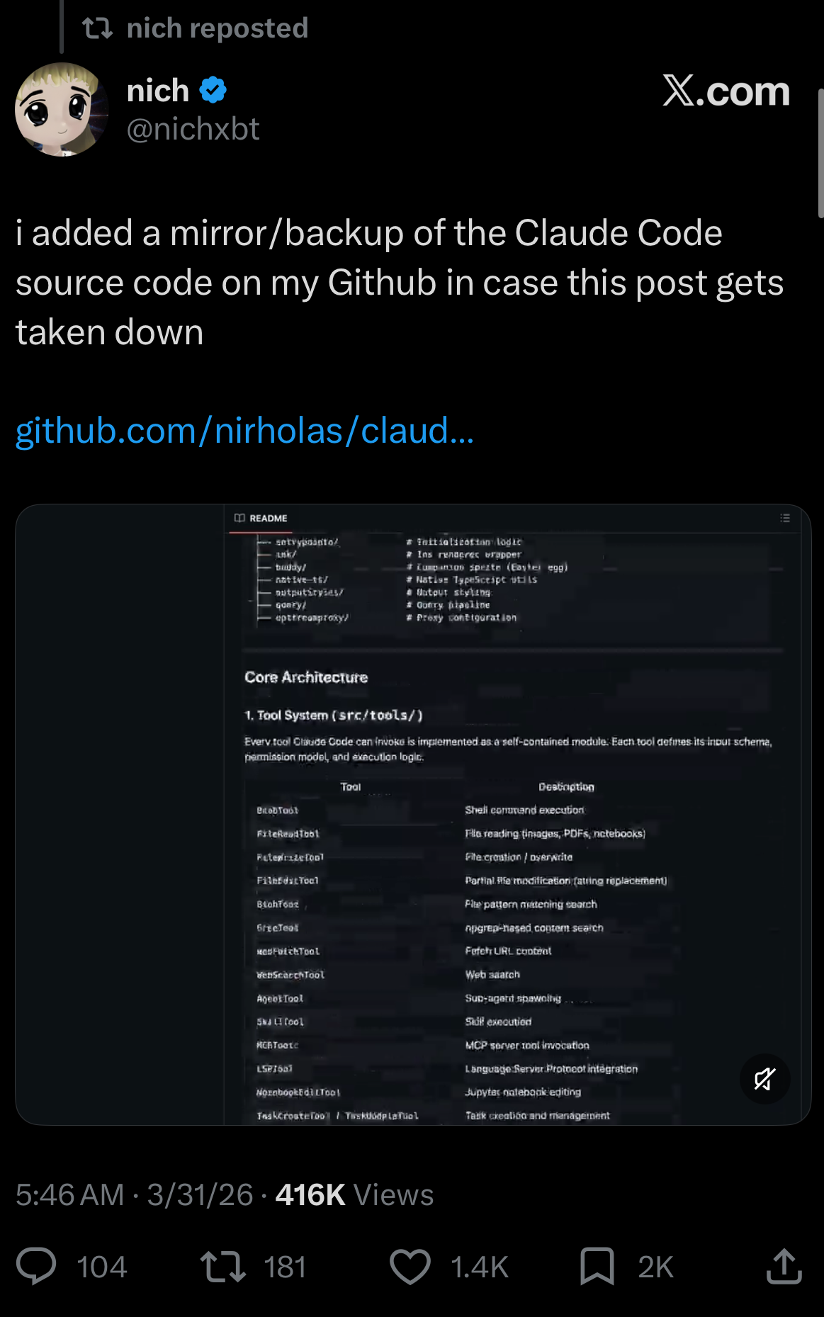 nichxbt promoting their GitHub mirror of the Claude Code leak